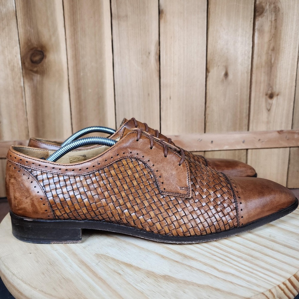 Mercanti Fiorentini Shoes Mens 12 M Brown Woven Leather Cap Toe Lace Up Oxford - Picture 3 of 9